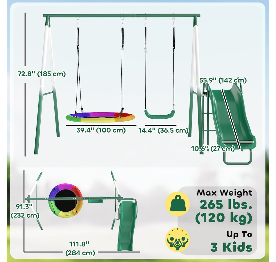 Image 980926_ALTMORE2.jpg, Product 980-926 / Price $349.99, Qaba Metal Swing Set with Slide, Heavy Duty Swing Set, Dark Green from Qaba on TSC.ca's Home & Garden department