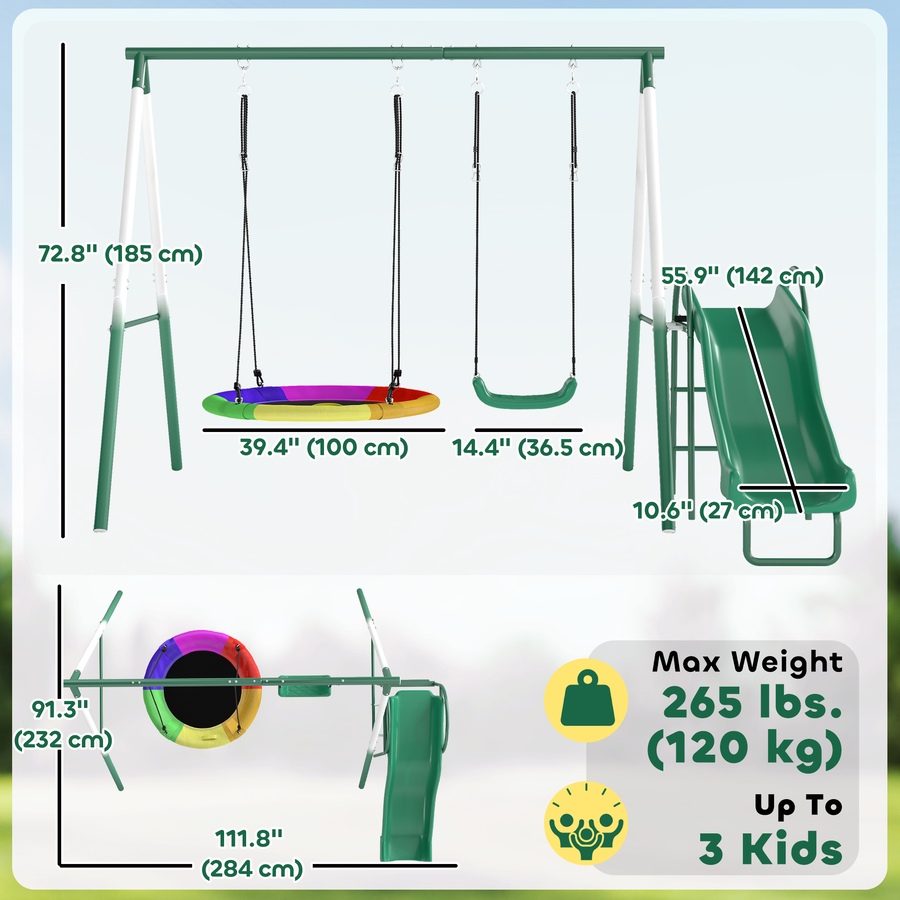 Image 980926_ALTMORE2.jpg, Product 980-926 / Price $299.99, Qaba Metal Swing Set with Slide, Heavy Duty Swing Set, Dark Green from Qaba on TSC.ca's Home & Garden department