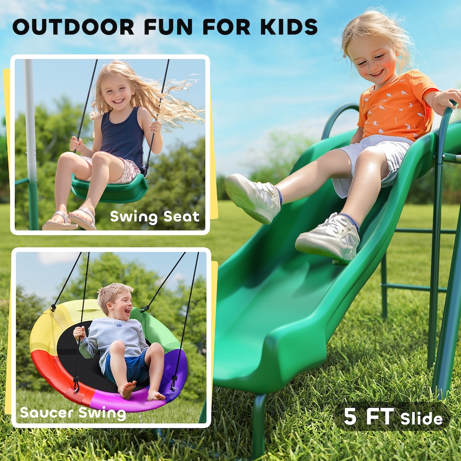 Image 980926_ALTMORE3.jpg, Product 980-926 / Price $299.99, Qaba Metal Swing Set with Slide, Heavy Duty Swing Set, Dark Green from Qaba on TSC.ca's Home & Garden department
