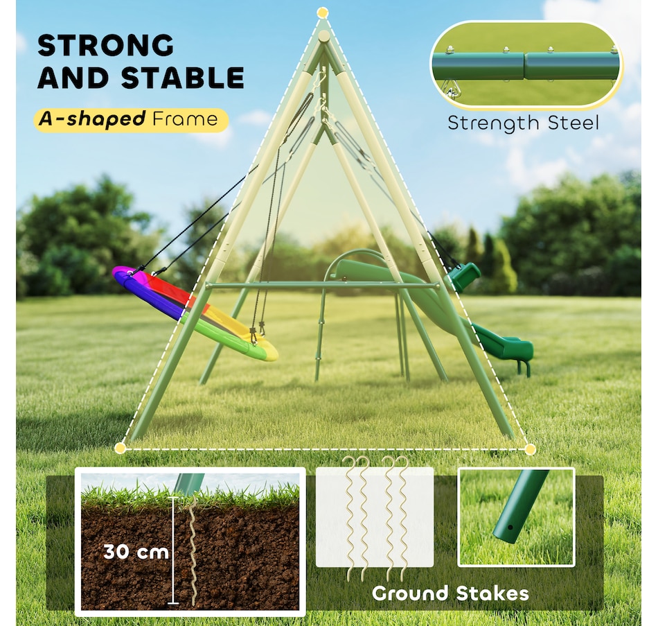 Image 980926_ALTMORE4.jpg, Product 980-926 / Price $349.99, Qaba Metal Swing Set with Slide, Heavy Duty Swing Set, Dark Green from Qaba on TSC.ca's Home & Garden department