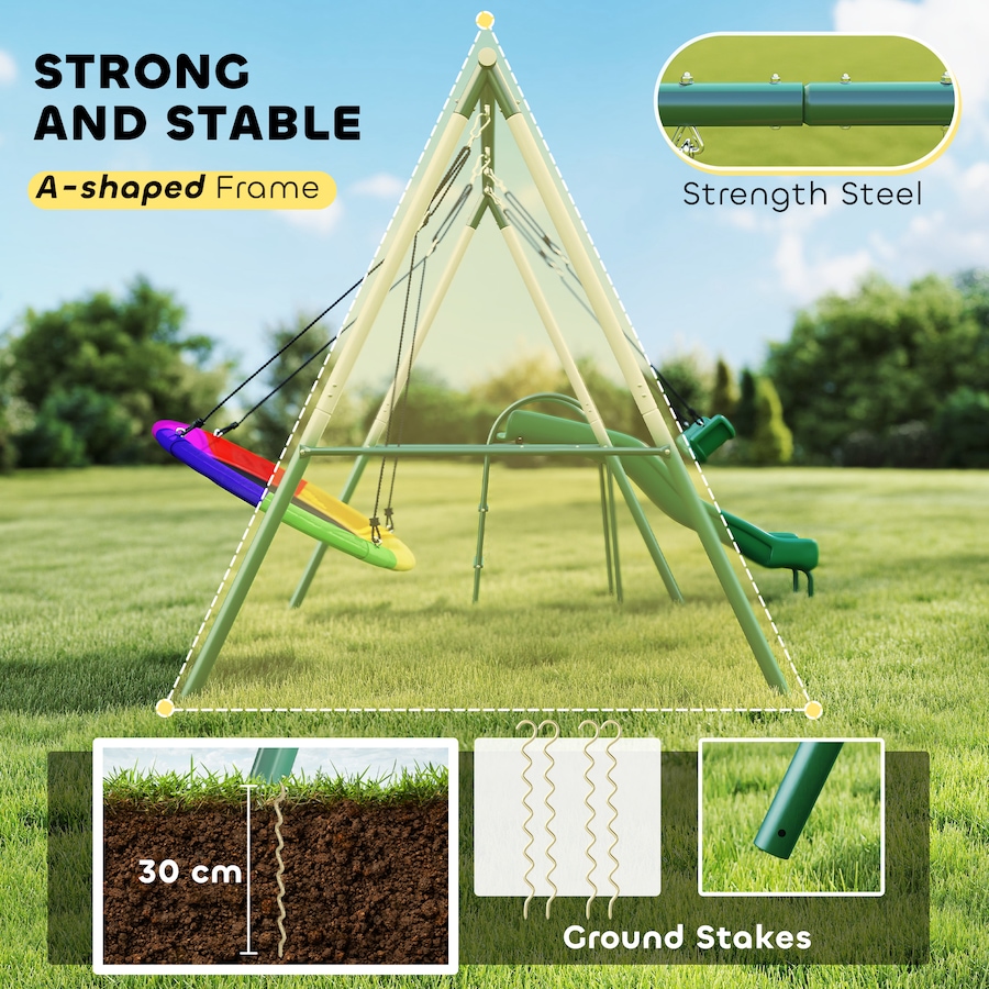 Image 980926_ALTMORE4.jpg, Product 980-926 / Price $299.99, Qaba Metal Swing Set with Slide, Heavy Duty Swing Set, Dark Green from Qaba on TSC.ca's Home & Garden department
