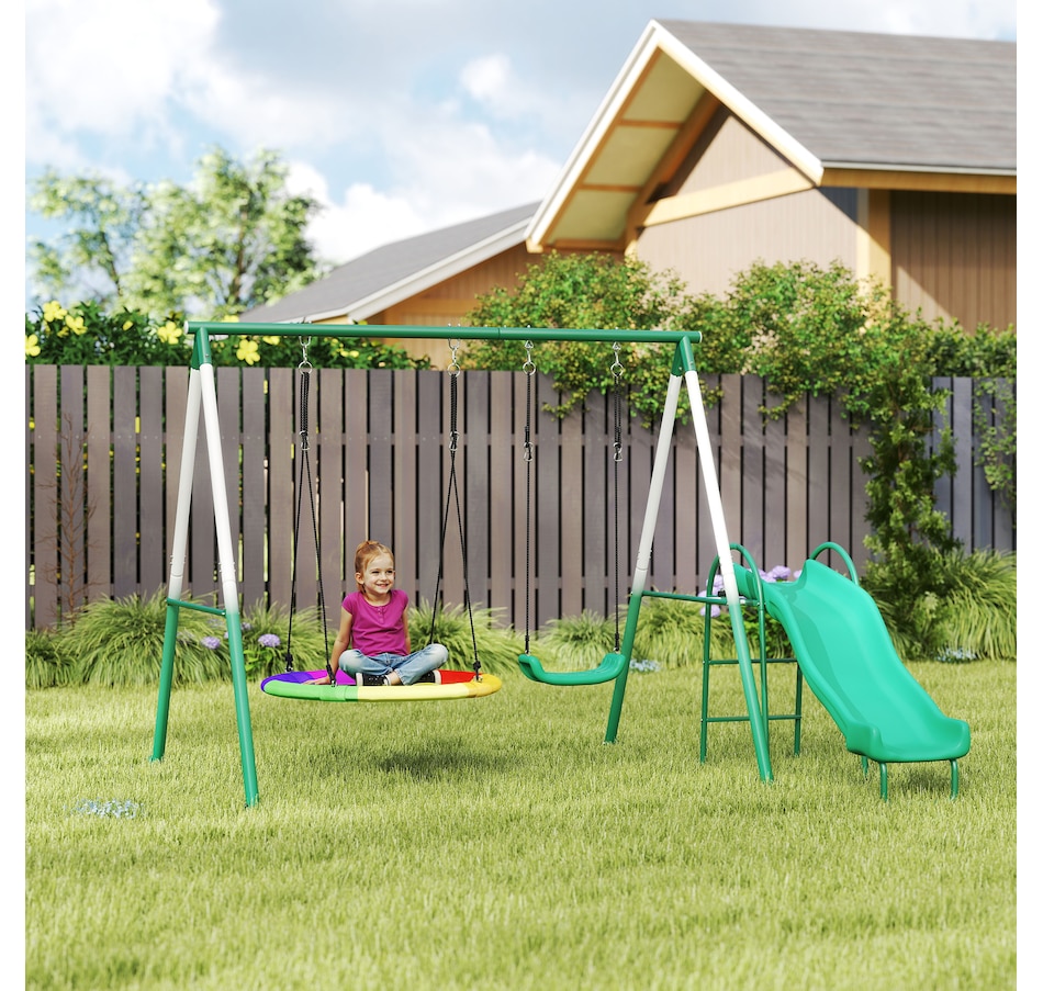 Image 980926_ALTMORE8.jpg, Product 980-926 / Price $349.99, Qaba Metal Swing Set with Slide, Heavy Duty Swing Set, Dark Green from Qaba on TSC.ca's Home & Garden department