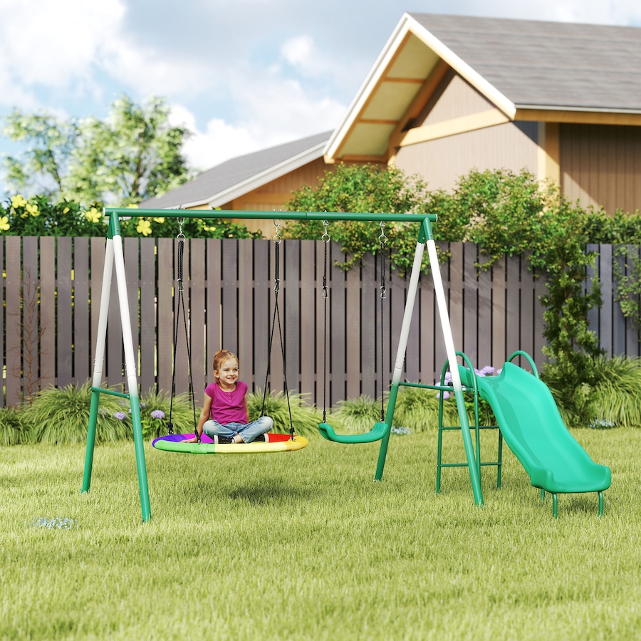 Image 980926_ALTMORE8.jpg, Product 980-926 / Price $299.99, Qaba Metal Swing Set with Slide, Heavy Duty Swing Set, Dark Green from Qaba on TSC.ca's Home & Garden department