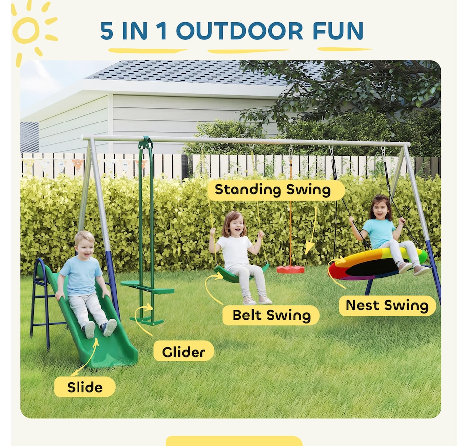 Image 980927_ALTMORE3.jpg, Product 980-927 / Price $369.99, Qaba 5-in-1 Kids Swing Set for Backyard with Slide, 770lbs Capacity, Multi from Qaba on TSC.ca's Home & Garden department