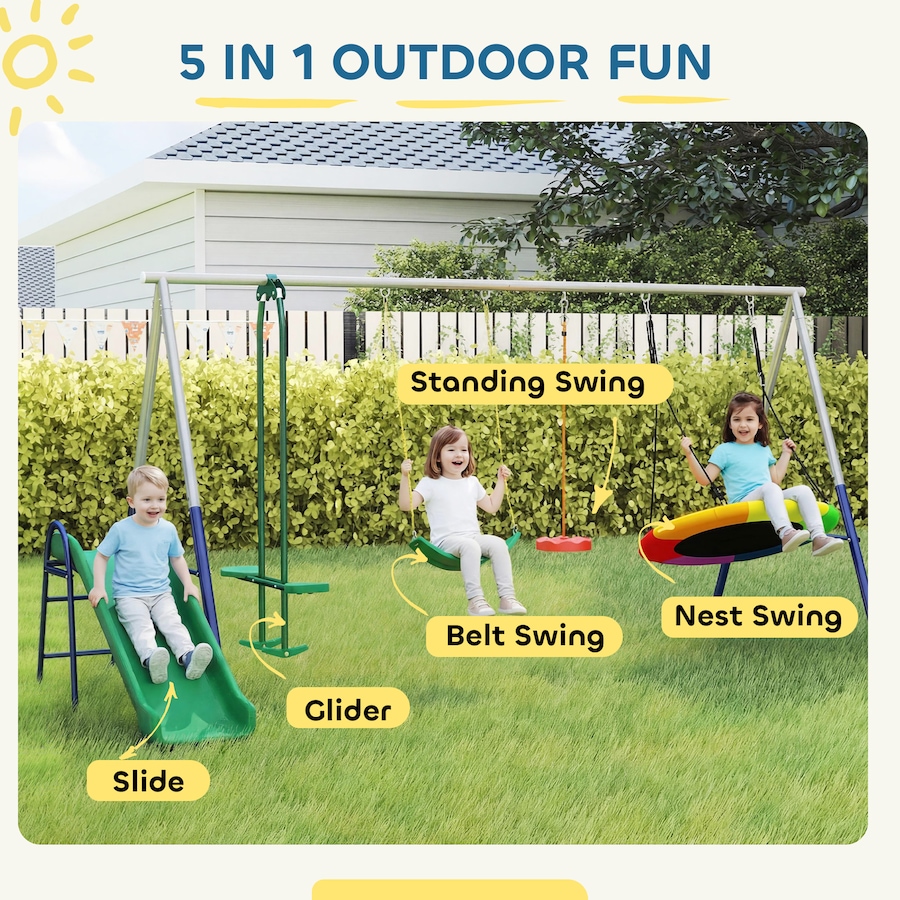 Image 980927_ALTMORE3.jpg, Product 980-927 / Price $299.99, Qaba 5-in-1 Kids Swing Set for Backyard with Slide, 770lbs Capacity, Multi from Qaba on TSC.ca's Home & Garden department
