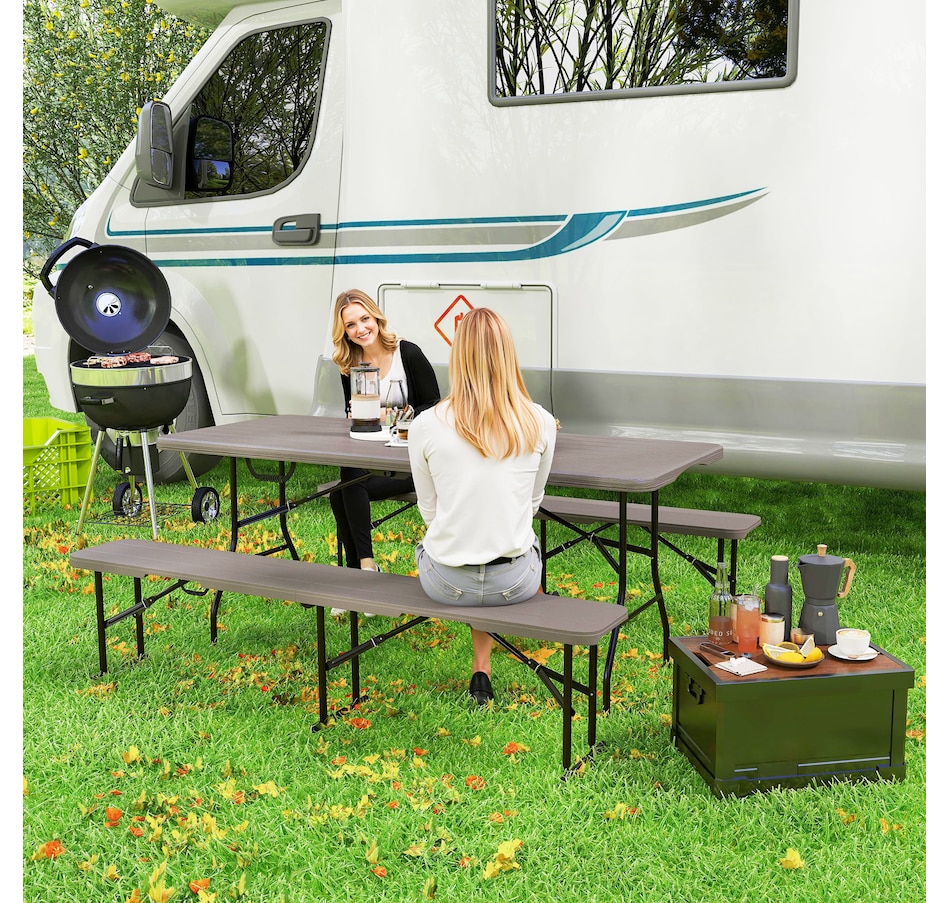 Image 980934_ALTMORE1.jpg, Product 980-934 / Price $189.99, Outsunny 6FT 3-Piece Faux Rattan Folding Picnic Table w/ 2 Benches, Brown from Outsunny on TSC.ca's Health & Fitness department