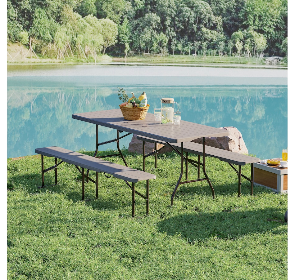 Image 980934_ALTMORE7.jpg, Product 980-934 / Price $189.99, Outsunny 6FT 3-Piece Faux Rattan Folding Picnic Table w/ 2 Benches, Brown from Outsunny on TSC.ca's Health & Fitness department