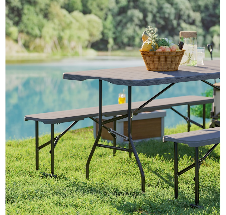 Image 980934_ALTMORE8.jpg, Product 980-934 / Price $189.99, Outsunny 6FT 3-Piece Faux Rattan Folding Picnic Table w/ 2 Benches, Brown from Outsunny on TSC.ca's Health & Fitness department