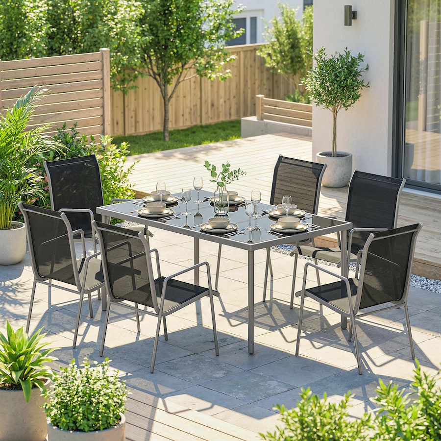 Image 980970_ALTMORE7.jpg, Product 980-970 / Price $419.99, Outsunny 7 Piece Garden Dining Set with 6 Stackable Chairs, Black from Outsunny on TSC.ca's Home & Garden department