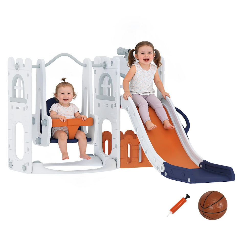 Image 981028.jpg, Product 981-028 / Price $199.99, Qaba 6-in-1 Slide and Swing Set with Basketball Hoop, Climber, Orange from Qaba on TSC.ca's Home & Garden department