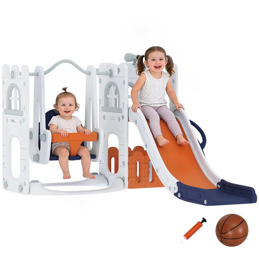 Image 981028.jpg, Product 981-028 / Price $169.99, Qaba 6-in-1 Slide and Swing Set with Basketball Hoop, Climber, Orange from Qaba on TSC.ca's Home & Garden department