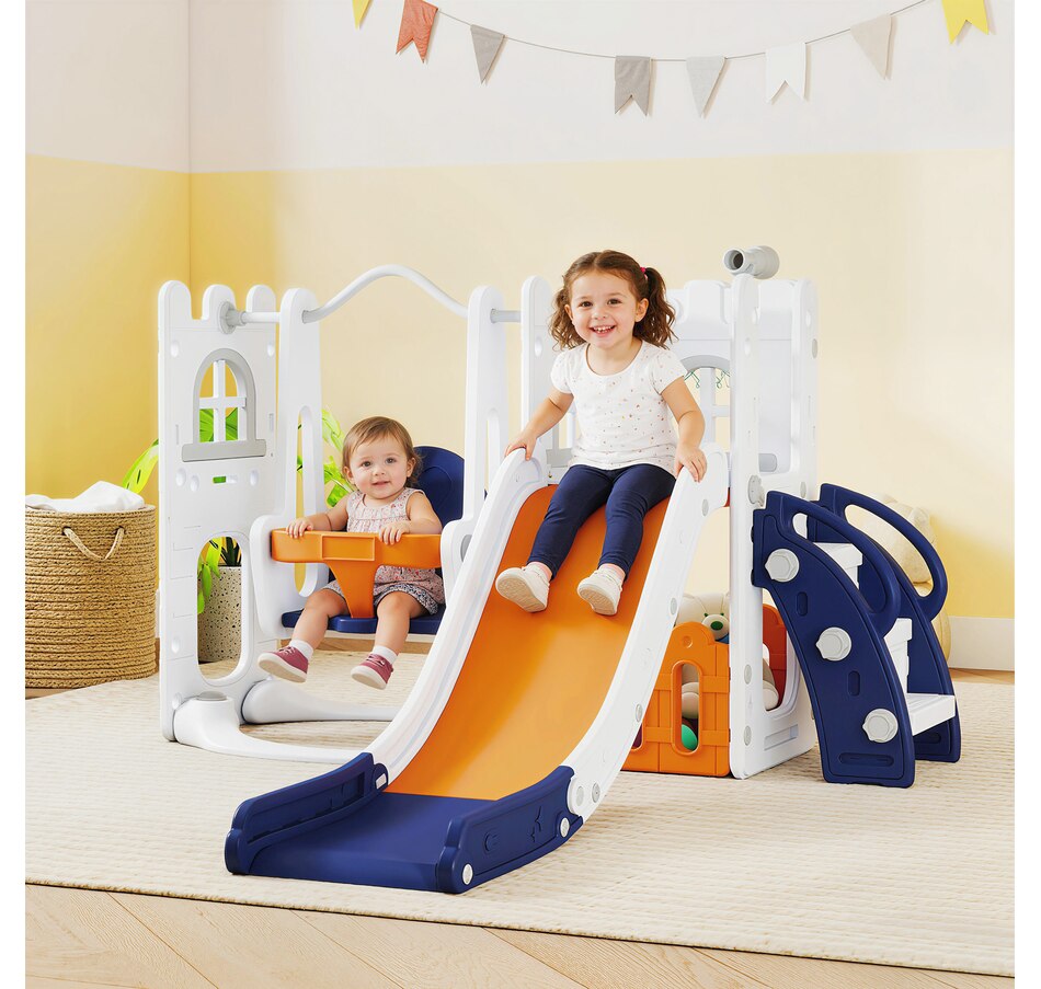 Image 981028_ALTMORE1.jpg, Product 981-028 / Price $199.99, Qaba 6-in-1 Slide and Swing Set with Basketball Hoop, Climber, Orange from Qaba on TSC.ca's Home & Garden department