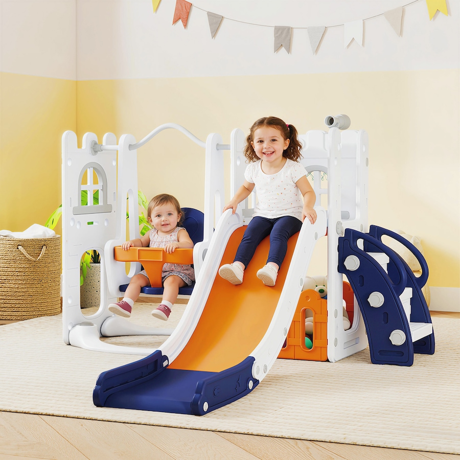 Image 981028_ALTMORE1.jpg, Product 981-028 / Price $169.99, Qaba 6-in-1 Slide and Swing Set with Basketball Hoop, Climber, Orange from Qaba on TSC.ca's Home & Garden department