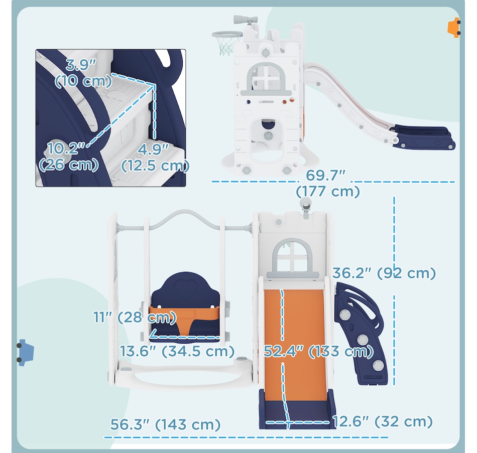Image 981028_ALTMORE2.jpg, Product 981-028 / Price $199.99, Qaba 6-in-1 Slide and Swing Set with Basketball Hoop, Climber, Orange from Qaba on TSC.ca's Home & Garden department