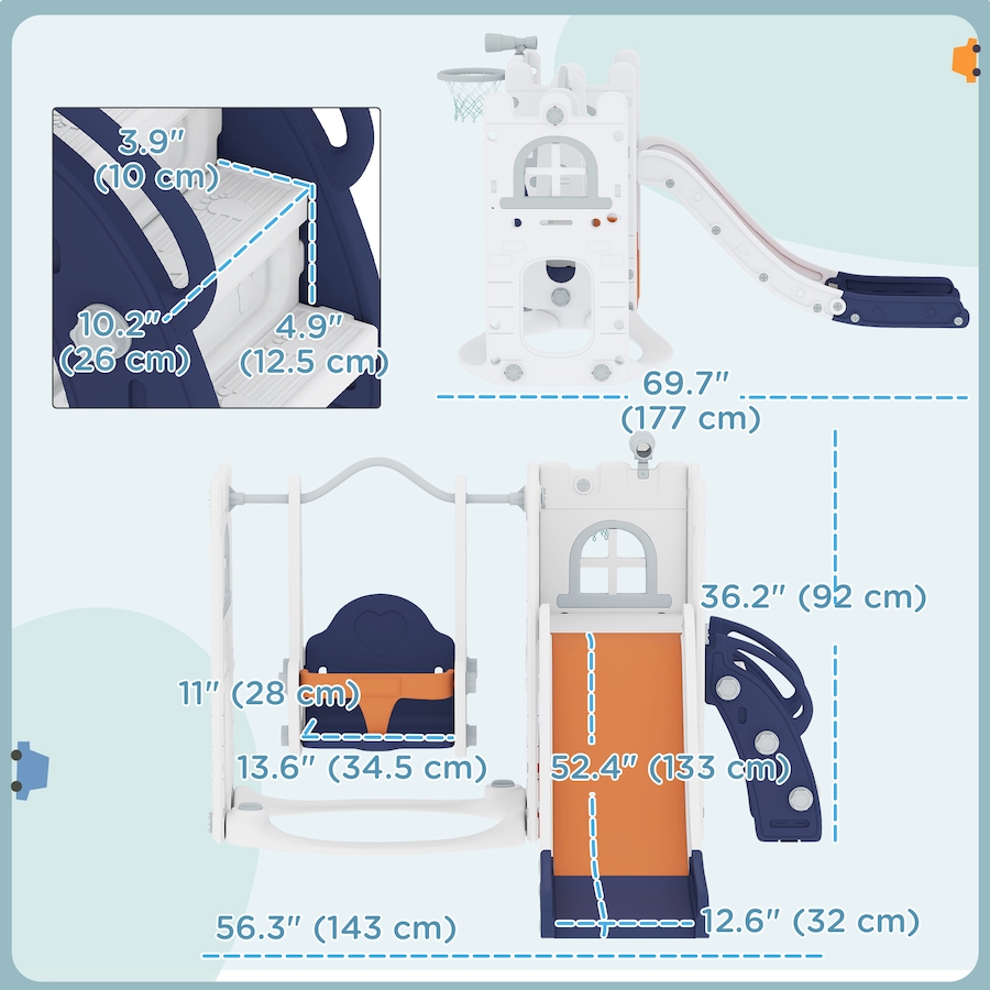Image 981028_ALTMORE2.jpg, Product 981-028 / Price $169.99, Qaba 6-in-1 Slide and Swing Set with Basketball Hoop, Climber, Orange from Qaba on TSC.ca's Home & Garden department