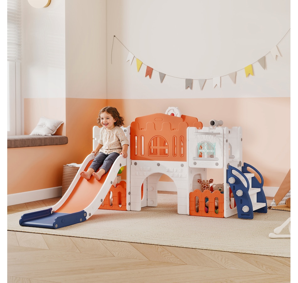 Image 981032_ALTMORE1.jpg, Product 981-032 / Price $246.99, Qaba 9 in 1 Toddler Slide with Basketball Hoop, for 1-3 Years, Orange from Qaba on TSC.ca's Home & Garden department