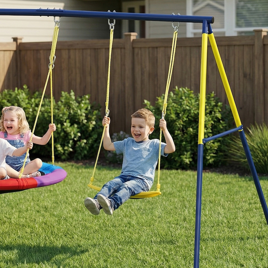 Image 981034_ALTMORE8.jpg, Product 981-034 / Price $189.99, Qaba Kids Swing Set with Double Swings, Metal Frame, 150kg Capacity from Qaba on TSC.ca's Home & Garden department