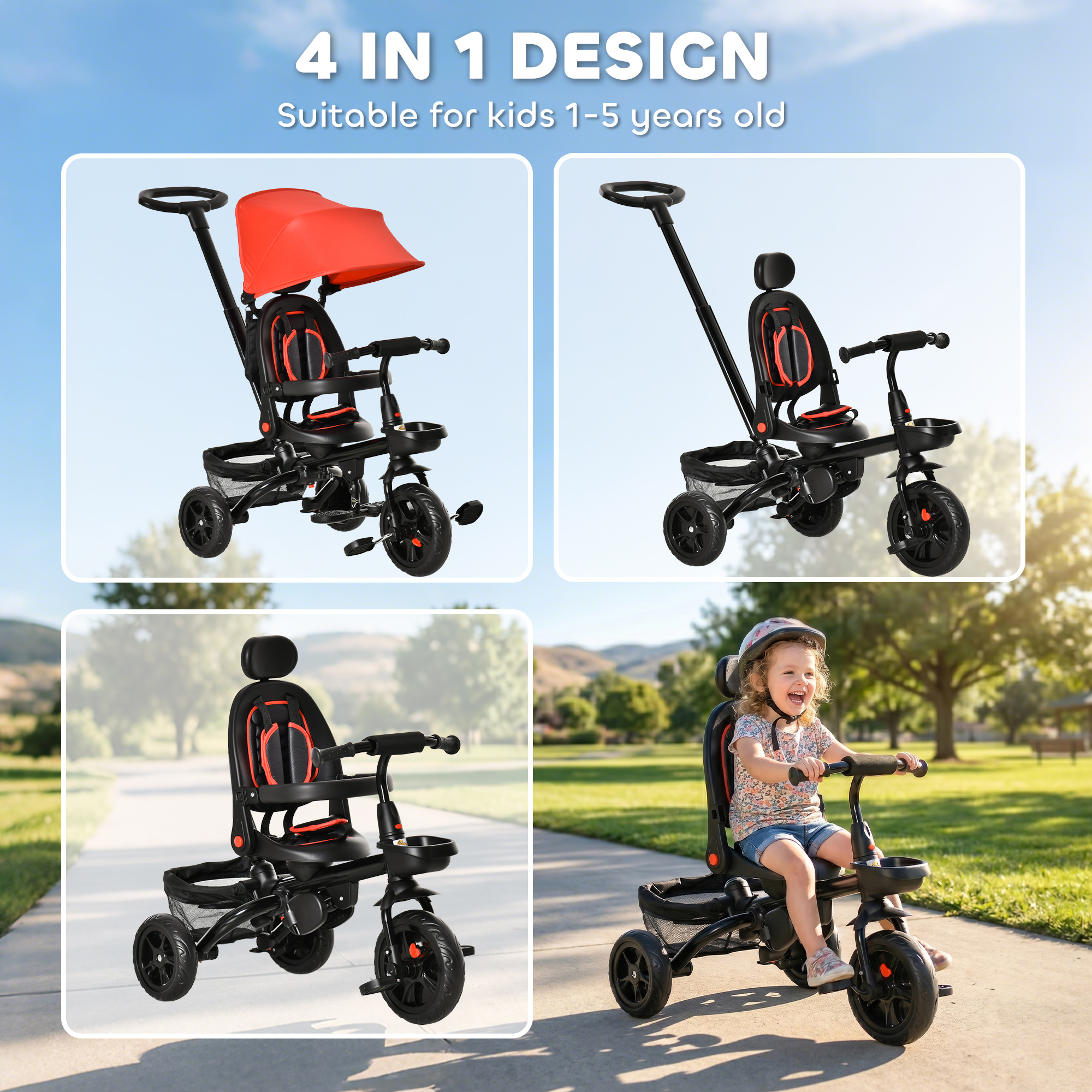 Qaba 5 in 1 Baby Tricycle Trike w/ Reversible Adjustable Seat, Red