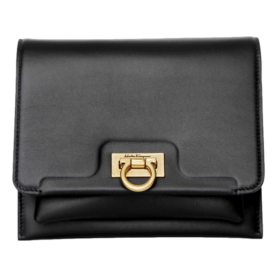 Image 981209.jpg, Product 981-209 / Price $3,172.00, Ferragamo Trifolio Black Leather Flap Crossbody Bag Gold Gancini Designer from Salvatore Ferragamo on TSC.ca's Fashion department