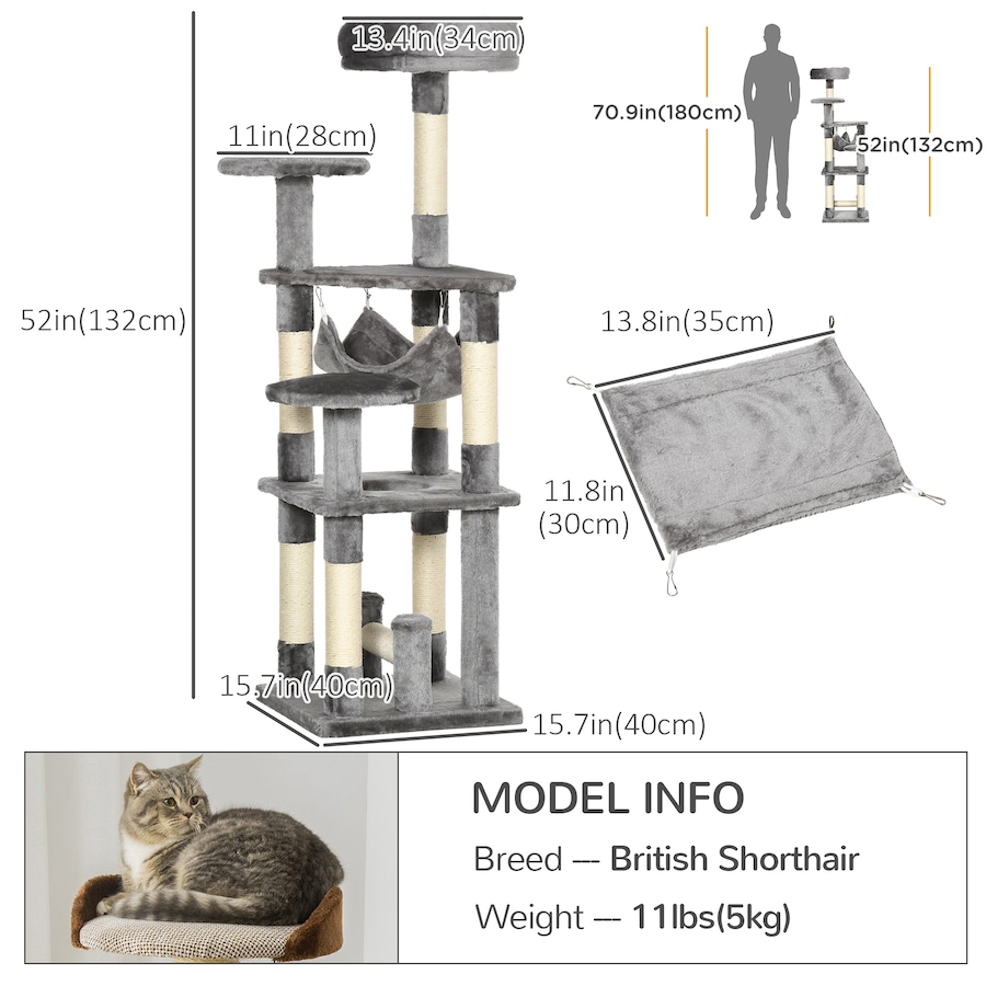 Image 982282_ALTMORE2.jpg, Product 982-282 / Price $79.99, PawHut Cat Tree Multi-Level Tower with Hammock, Grey 52" from PawHut on TSC.ca's Home & Garden department