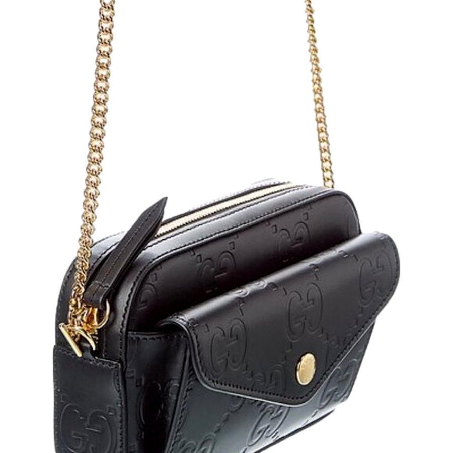 Image 982312_ALTMORE2.jpg, Product 982-312 / Price $2,417.00, Gucci Gilbert Black Guccissima Leather Double Zip Camera Crossbody Bag Gold Chain from Gucci on TSC.ca's Fashion department