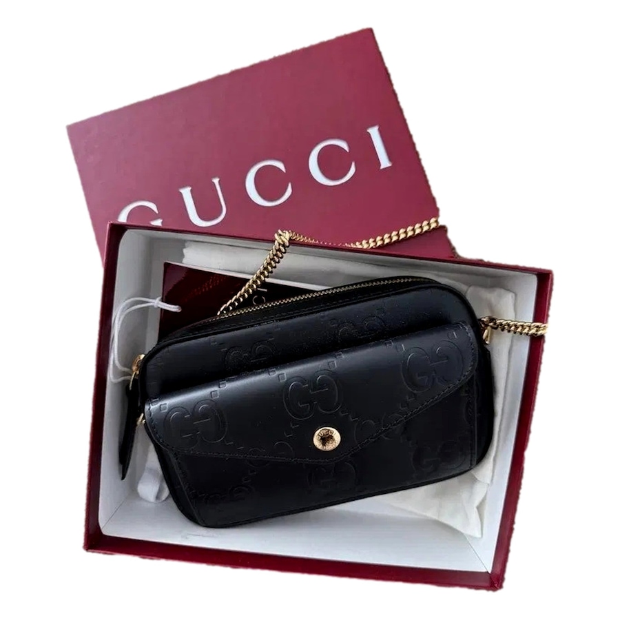 Image 982312_ALTMORE3.jpg, Product 982-312 / Price $2,417.00, Gucci Gilbert Black Guccissima Leather Double Zip Camera Crossbody Bag Gold Chain from Gucci on TSC.ca's Fashion department