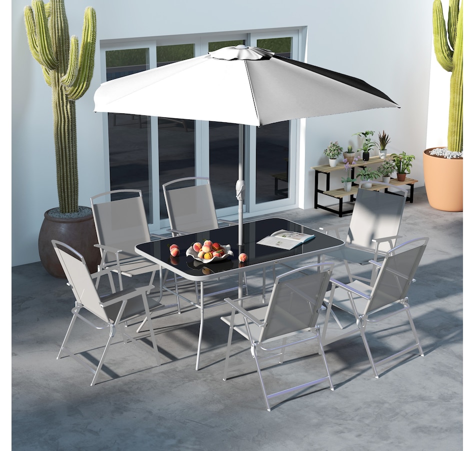 Image 982334_ALTMORE1.jpg, Product 982-334 / Price $444.99, Outsunny 8 Pcs Patio Dining Set w/ 6 Folding Chairs Dining Table Umbrella from Outsunny on TSC.ca's Home & Garden department