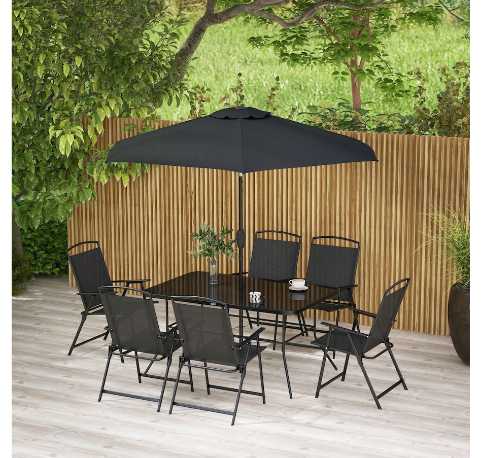 Image 982334_ALTMORE10.jpg, Product 982-334 / Price $444.99, Outsunny 8 Pcs Patio Dining Set w/ 6 Folding Chairs Dining Table Umbrella from Outsunny on TSC.ca's Home & Garden department