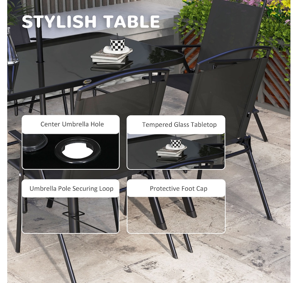 Image 982334_ALTMORE12.jpg, Product 982-334 / Price $444.99, Outsunny 8 Pcs Patio Dining Set w/ 6 Folding Chairs Dining Table Umbrella from Outsunny on TSC.ca's Home & Garden department