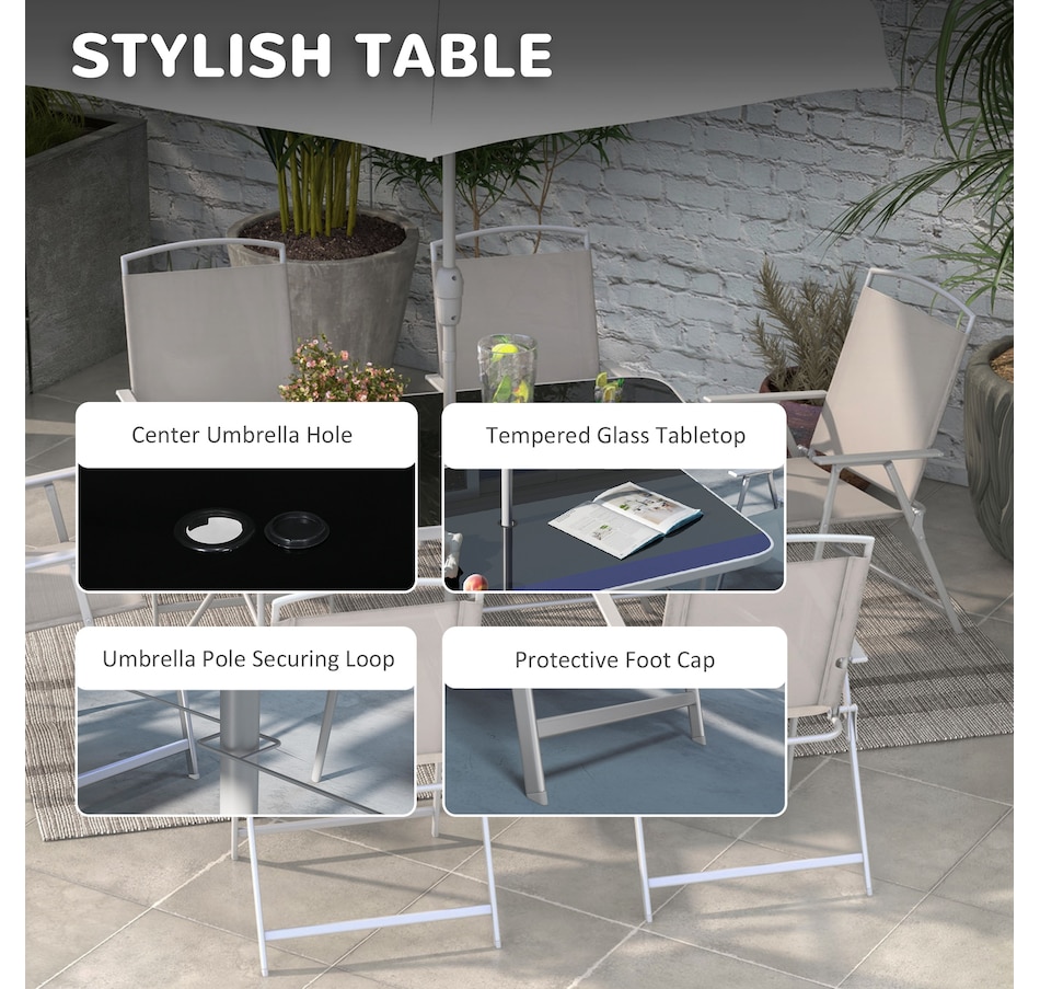Image 982334_ALTMORE3.jpg, Product 982-334 / Price $444.99, Outsunny 8 Pcs Patio Dining Set w/ 6 Folding Chairs Dining Table Umbrella from Outsunny on TSC.ca's Home & Garden department