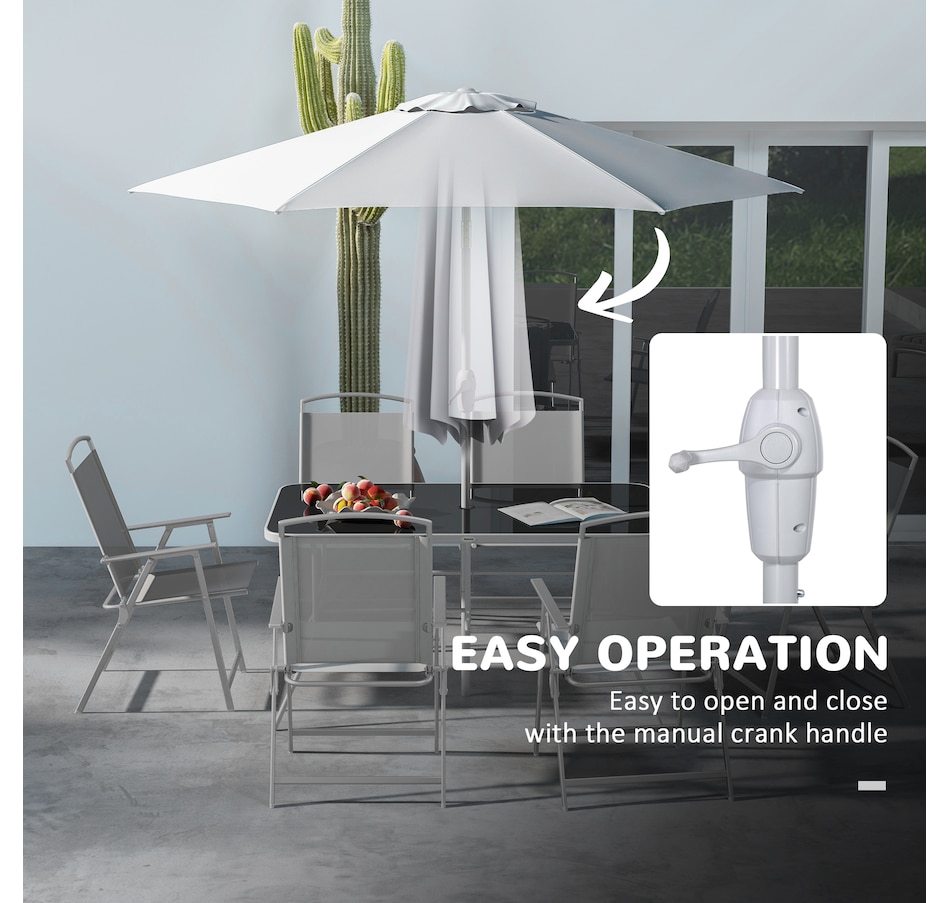 Image 982334_ALTMORE6.jpg, Product 982-334 / Price $444.99, Outsunny 8 Pcs Patio Dining Set w/ 6 Folding Chairs Dining Table Umbrella from Outsunny on TSC.ca's Home & Garden department