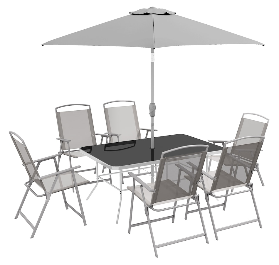 Image 982334_ST01.jpg, Product 982-334 / Price $444.99, Outsunny 8 Pcs Patio Dining Set w/ 6 Folding Chairs Dining Table Umbrella from Outsunny on TSC.ca's Home & Garden department