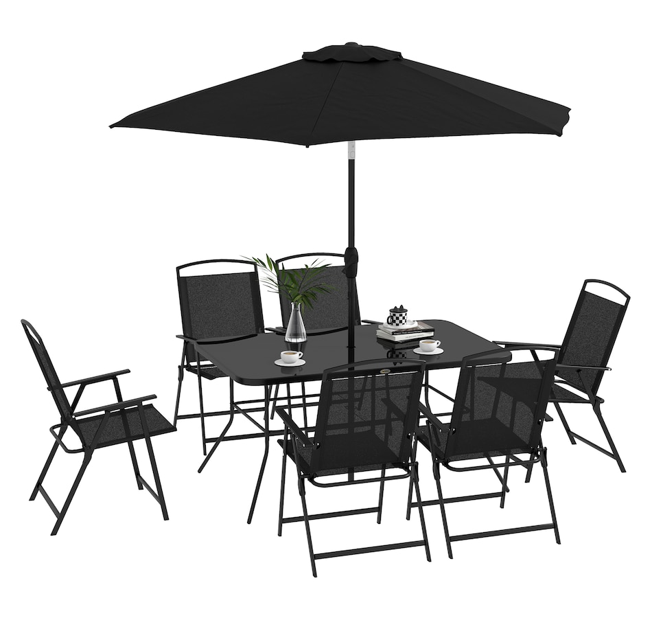 Image 982334_ST02.jpg, Product 982-334 / Price $444.99, Outsunny 8 Pcs Patio Dining Set w/ 6 Folding Chairs Dining Table Umbrella from Outsunny on TSC.ca's Home & Garden department
