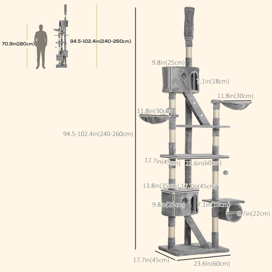 Image 982347_ALTMORE2.jpg, Product 982-347 / Price $99.99, 94"-102" Huge Cat Tree Ceiling High Cat Tower Light Grey from PawHut on TSC.ca's Home & Garden department