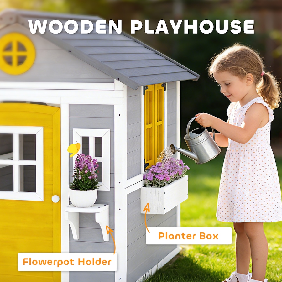Image 982667_ALTMORE3.jpg, Product 982-667 / Price $299.99, Outsunny Playhouse for Kids, Outdoor Wooden Playhouse for Backyard, Grey from Outsunny on TSC.ca's Home & Garden department