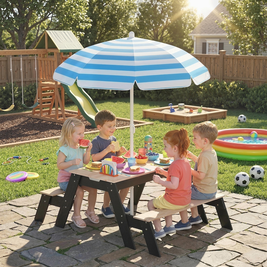 Image 982689_ALTMORE1.jpg, Product 982-689 / Price $129.99, Qaba Kids Picnic Table with Umbrella, 3 in 1 Wooden Sand & Water Table from Qaba on TSC.ca's Home & Garden department