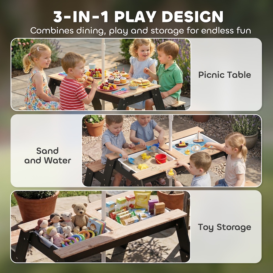 Image 982689_ALTMORE3.jpg, Product 982-689 / Price $129.99, Qaba Kids Picnic Table with Umbrella, 3 in 1 Wooden Sand & Water Table from Qaba on TSC.ca's Home & Garden department