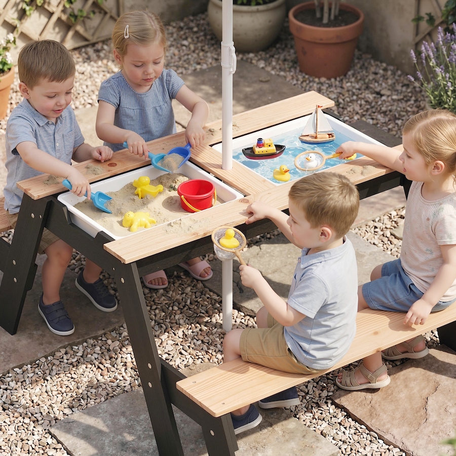 Image 982689_ALTMORE8.jpg, Product 982-689 / Price $129.99, Qaba Kids Picnic Table with Umbrella, 3 in 1 Wooden Sand & Water Table from Qaba on TSC.ca's Home & Garden department