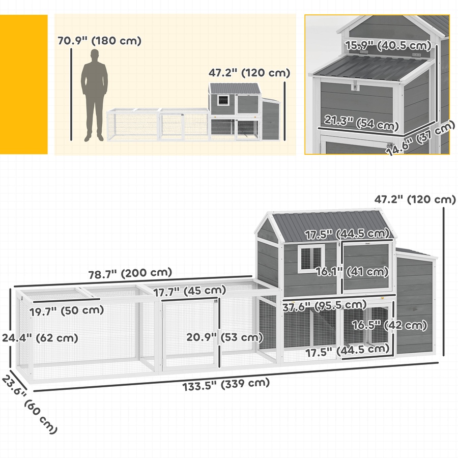 Image 982701_ALTMORE2.jpg, Product 982-701 / Price $289.99, PawHut Large Chicken Coop, 134"L Wooden Chicken House with Run, Grey from PawHut on TSC.ca's Home & Garden department