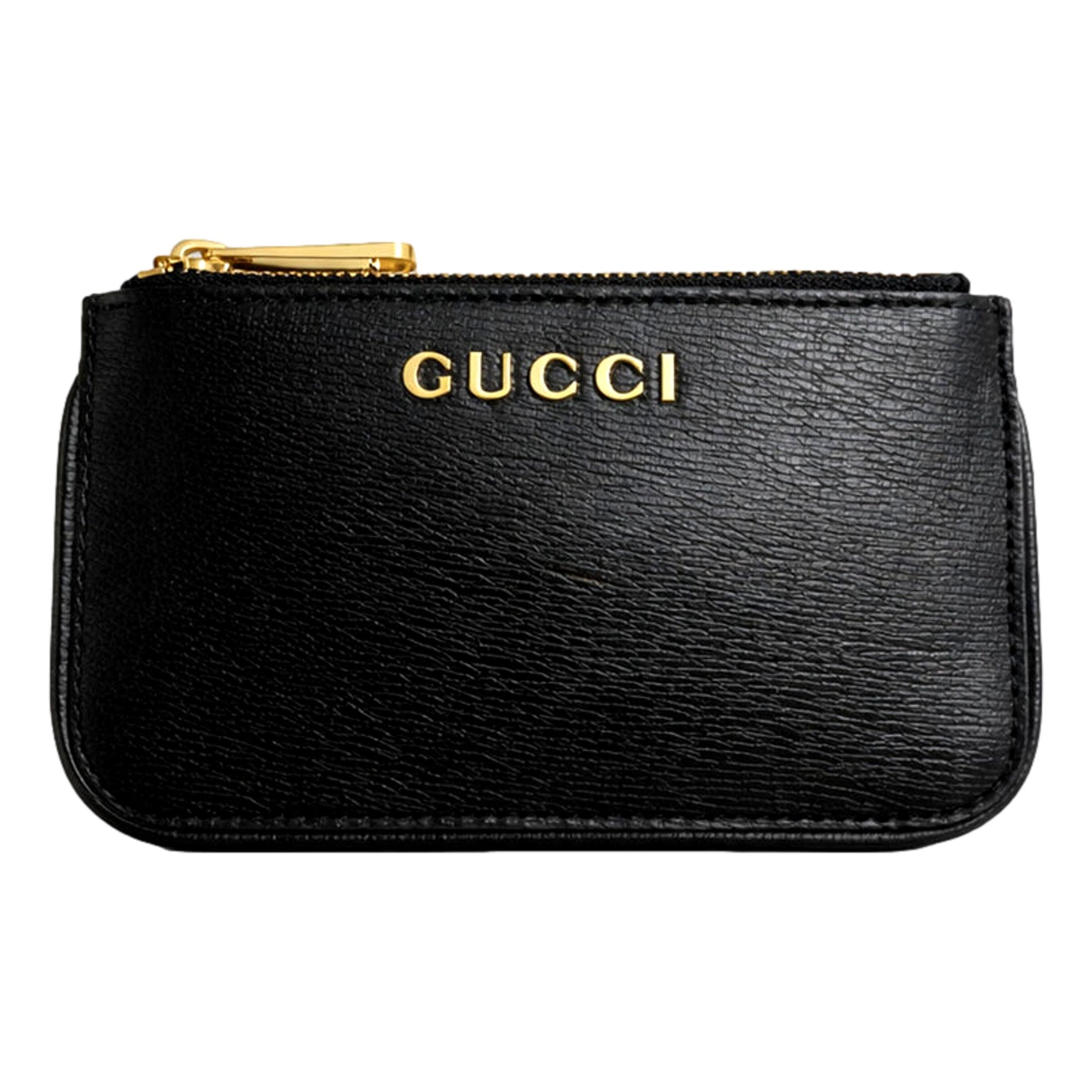 Gucci Zip Key Case Black Leather Card Holder Gold Logo Script - TSC.ca
