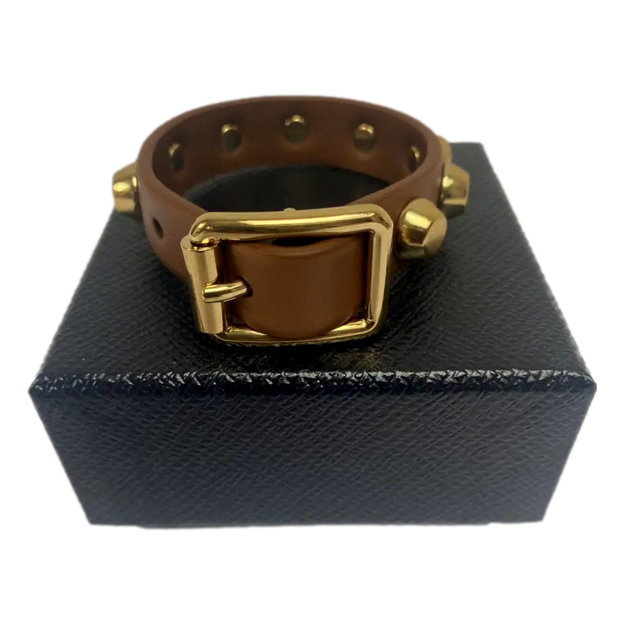 Prada Studded Brown Leather Bracelet Gold Tone Hardware - TSC.ca