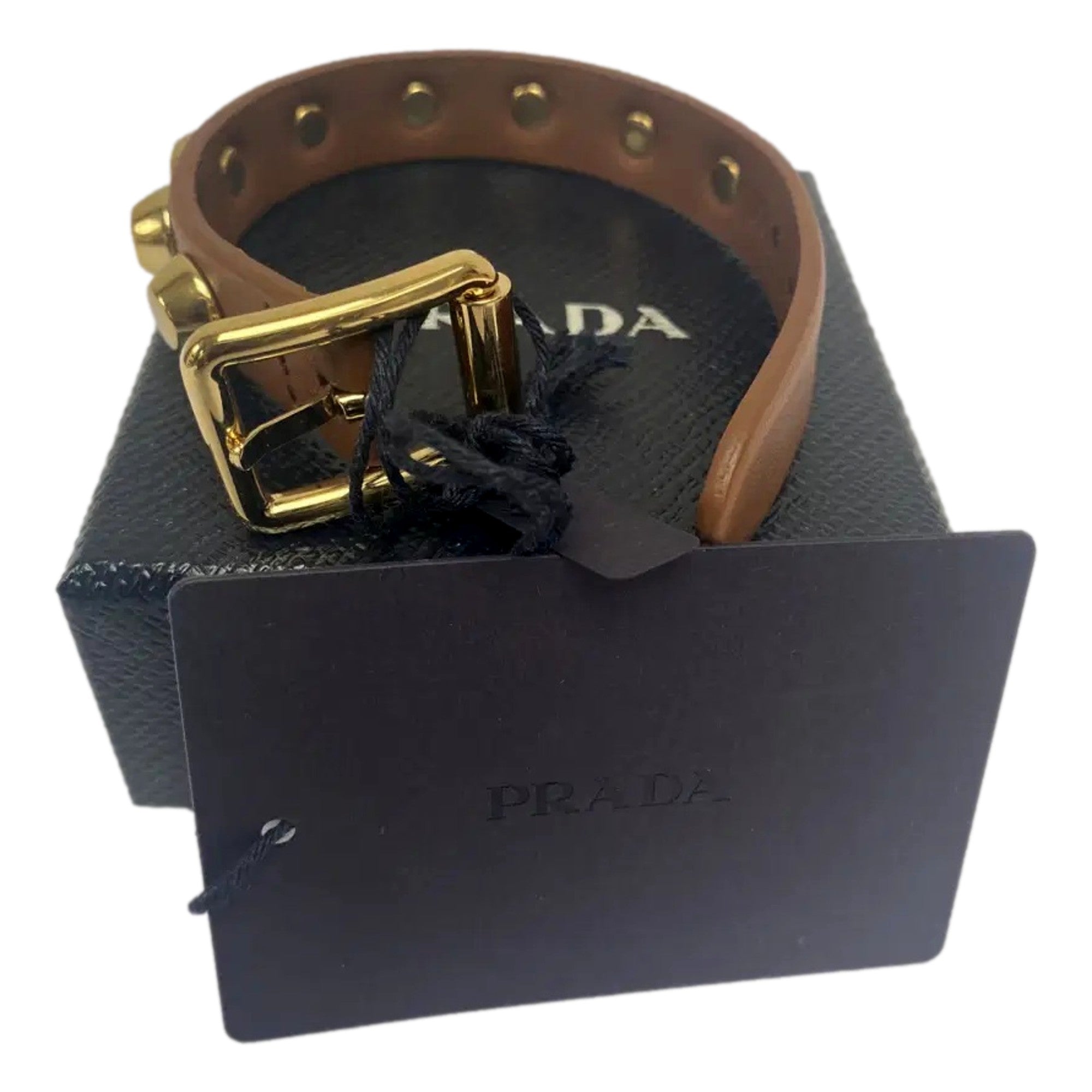 Prada Studded Brown Leather Bracelet Gold Tone Hardware - TSC.ca