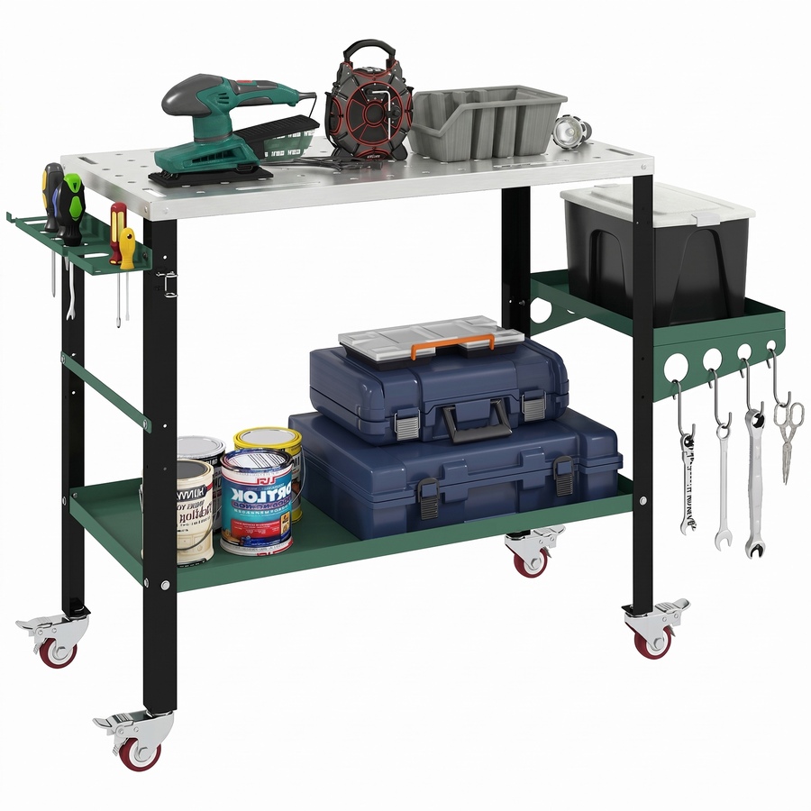 Image 982859.jpg, Product 982-859 / Price $134.99, HOMCOM 2Tier Rolling Welding Table with Side Tray, Silver & Green from HOMCOM on TSC.ca's Home & Garden department