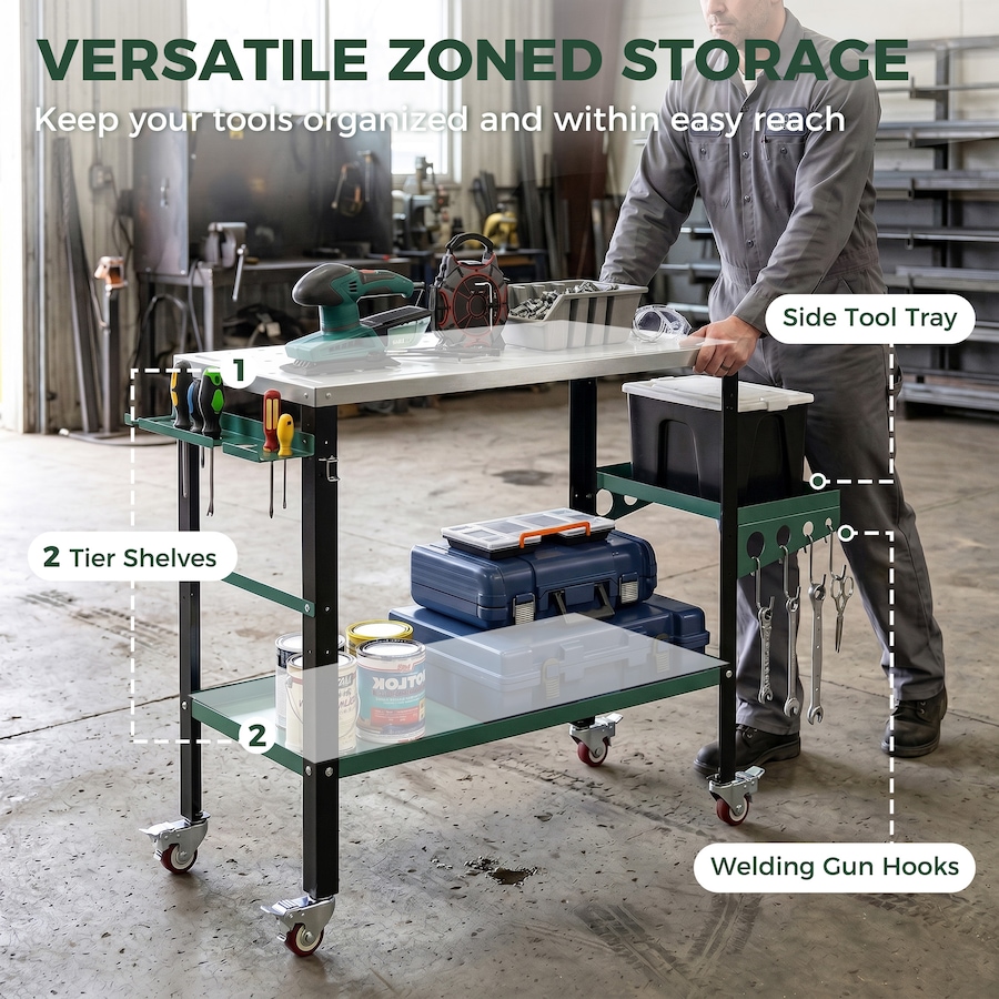 Image 982859_ALTMORE5.jpg, Product 982-859 / Price $134.99, HOMCOM 2Tier Rolling Welding Table with Side Tray, Silver & Green from HOMCOM on TSC.ca's Home & Garden department