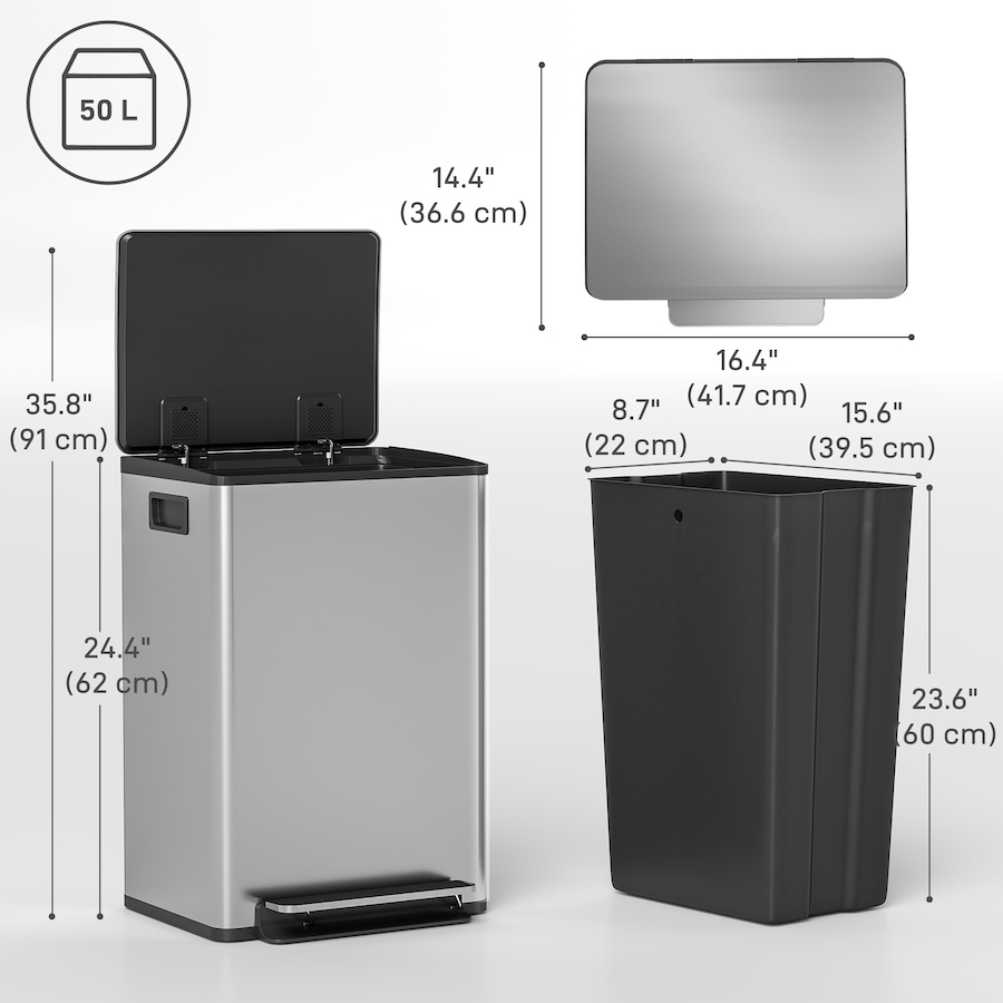 Image 982889_ALTMORE2.jpg, Product 982-889 / Price $119.99, HOMCOM Trash Can with Soft-Close Lid 13.2 gal/50 L, Silver from HOMCOM on TSC.ca's Kitchen department