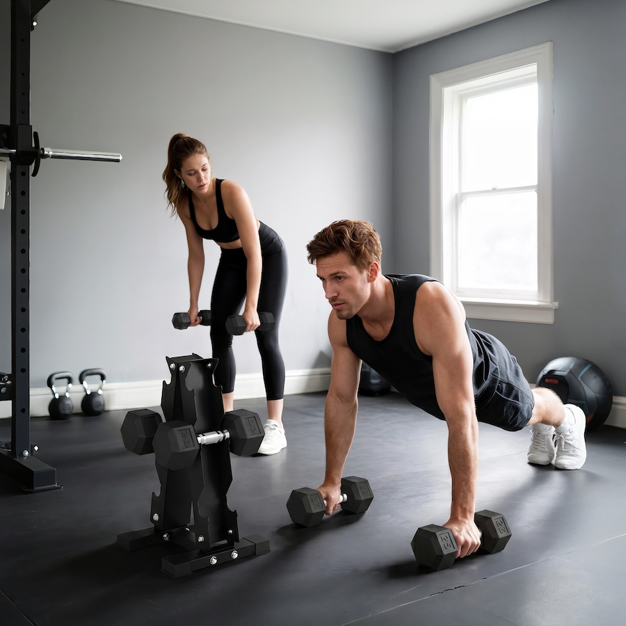 Image 982914_ALTMORE1.jpg, Product 982-914 / Price $239.99, Soozier 120lbs Hex Dumbbell Weight Set with Vertical Rack for Home Gym from Soozier on TSC.ca's Health & Fitness department