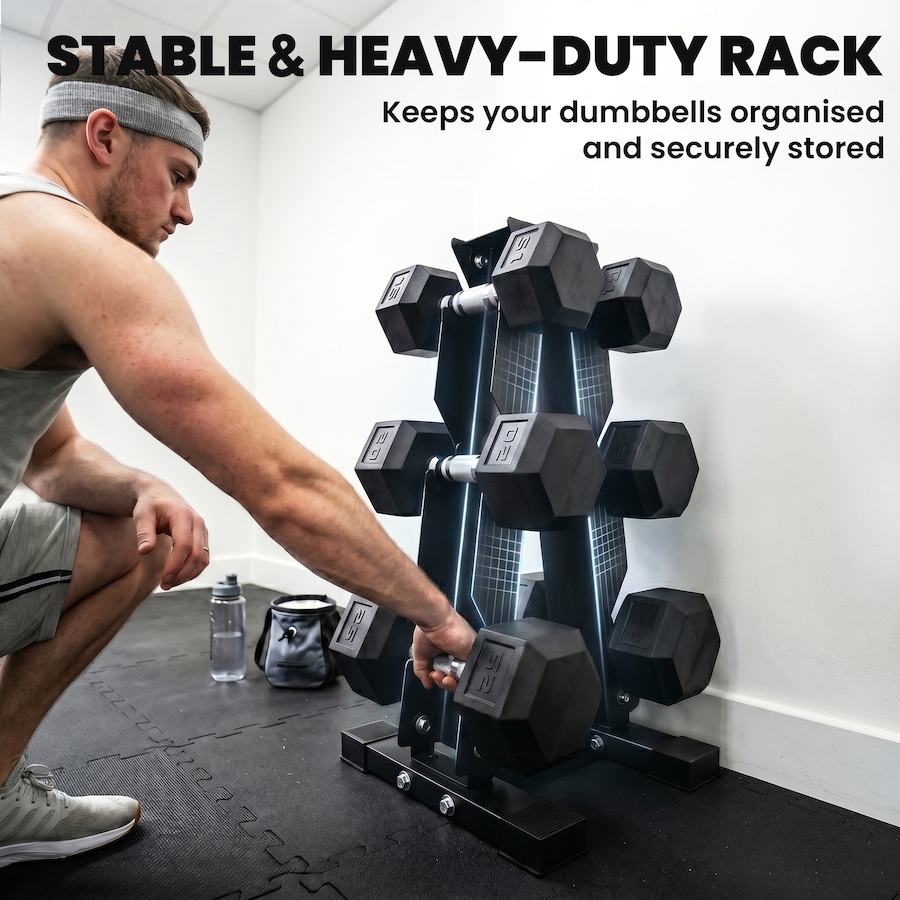 Image 982914_ALTMORE10.jpg, Product 982-914 / Price $239.99, Soozier 120lbs Hex Dumbbell Weight Set with Vertical Rack for Home Gym from Soozier on TSC.ca's Health & Fitness department