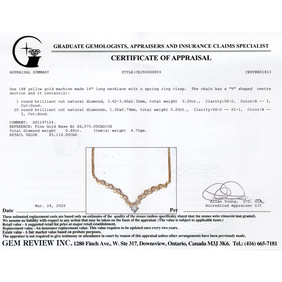 Image 983000_ALTMORE2.jpg, Product 983-000 / Price $2,295.00, 14K Yellow Gold "V" Shaped Scalloped Diamond Necklace from Estate Jewel Finds on TSC.ca's Jewellery department