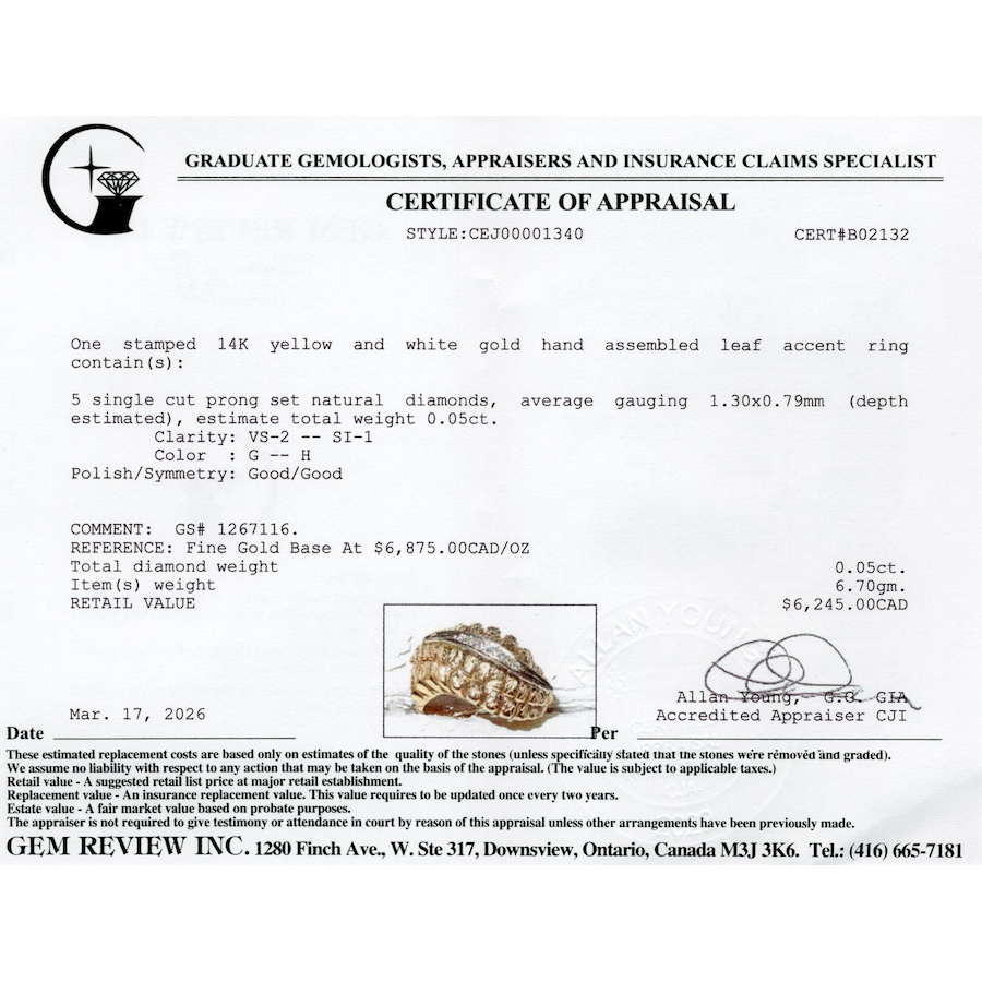 Image 983002_ALTMORE3.jpg, Product 983-002 / Price $2,695.00, 14K Yellow & White Gold Hand Assembled Leaf Accent Ring from Estate Jewel Finds on TSC.ca's Jewellery department