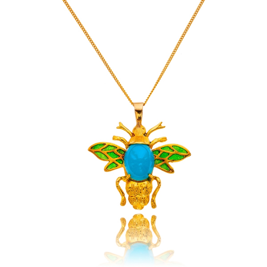 Image 983015.jpg, Product 983-015 / Price $1,495.00, 18K Yellow Gold 2.71ct Blue Turquoise Cabochon And Enamel Beetle Pendant with Chain from Estate Jewel Finds on TSC.ca's Jewellery department